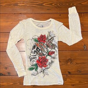 Sweet T - Cream Red Skull Roses Rhinestone Long Sleeve T-Shirt - Size S Vintage